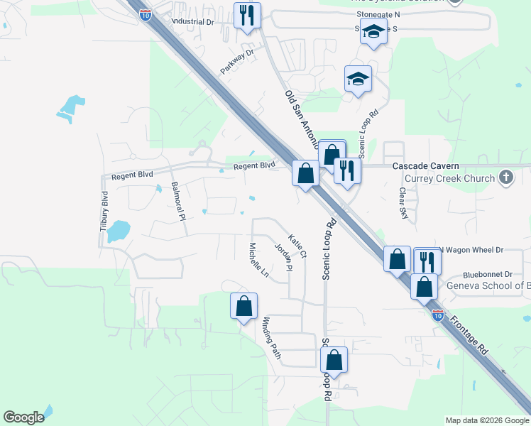 map of restaurants, bars, coffee shops, grocery stores, and more near 269 Katie Court in Boerne