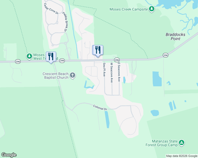 map of restaurants, bars, coffee shops, grocery stores, and more near 163 Lost Lake Drive in St. Augustine
