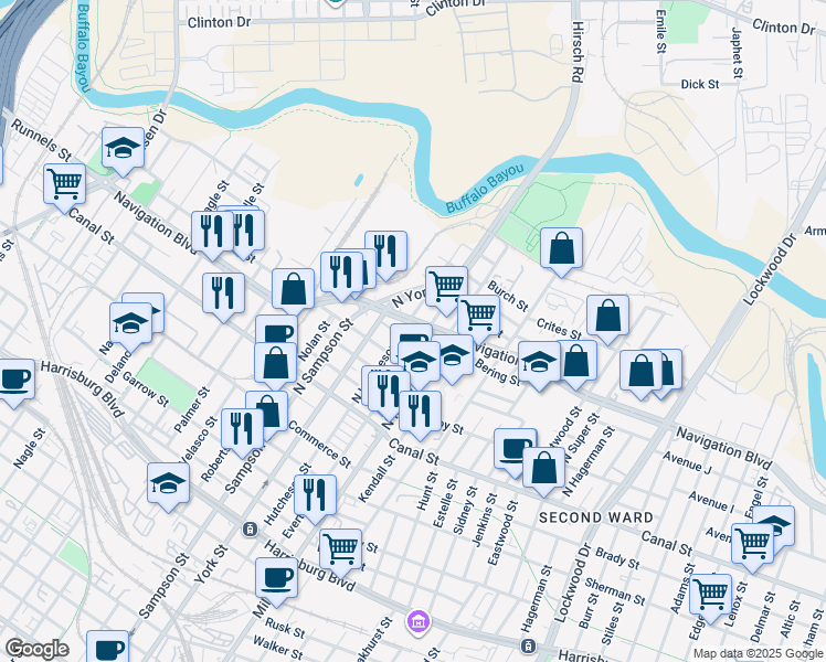 map of restaurants, bars, coffee shops, grocery stores, and more near 3602 Navigation Boulevard in Houston