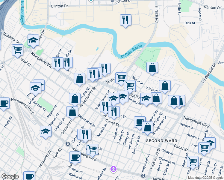 map of restaurants, bars, coffee shops, grocery stores, and more near 3602 Navigation Boulevard in Houston