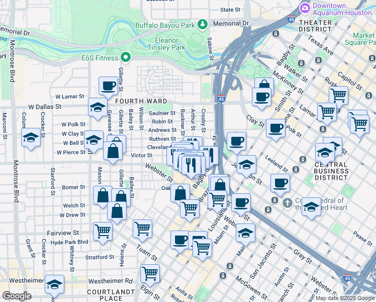 map of restaurants, bars, coffee shops, grocery stores, and more near 901 Cleveland Street in Houston