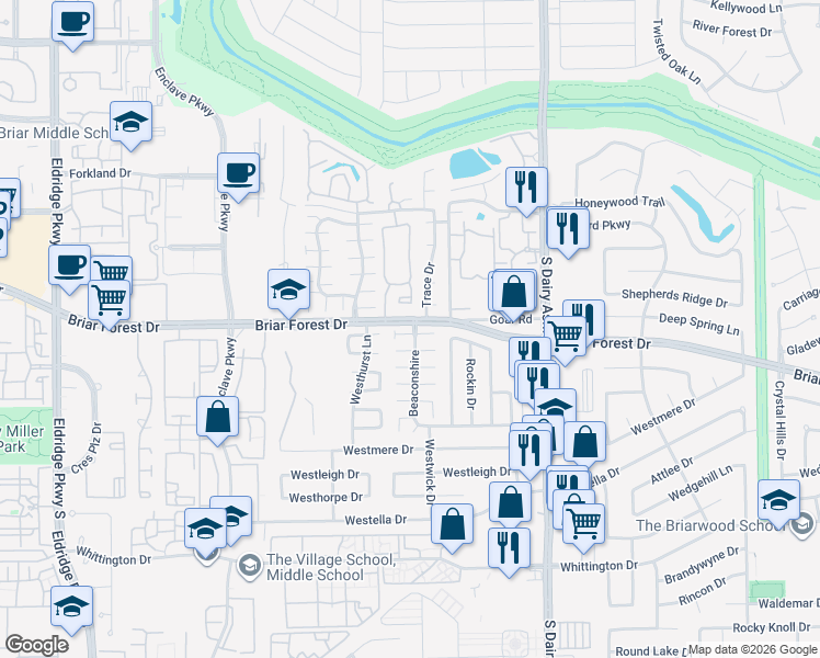map of restaurants, bars, coffee shops, grocery stores, and more near 1522 Beaconshire in Houston