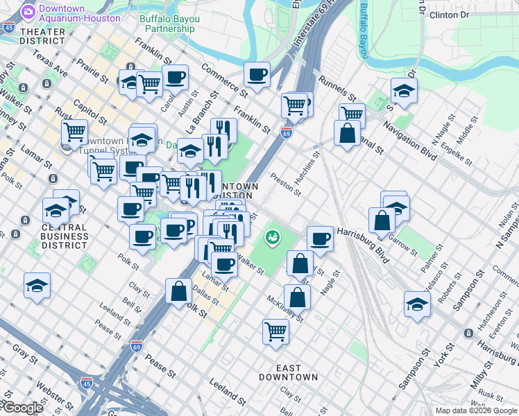 map of restaurants, bars, coffee shops, grocery stores, and more near Texas Ave & St Emanuel St in Houston