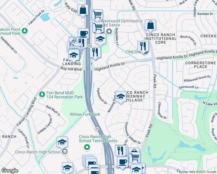map of restaurants, bars, coffee shops, grocery stores, and more near 23327 Leaf Ridge Drive in Katy