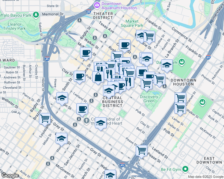 map of restaurants, bars, coffee shops, grocery stores, and more near in Houston