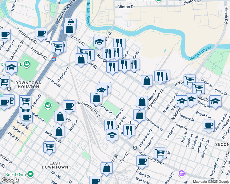 map of restaurants, bars, coffee shops, grocery stores, and more near 2800 Commerce Street in Houston
