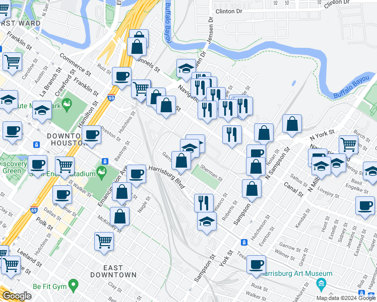 map of restaurants, bars, coffee shops, grocery stores, and more near in Houston