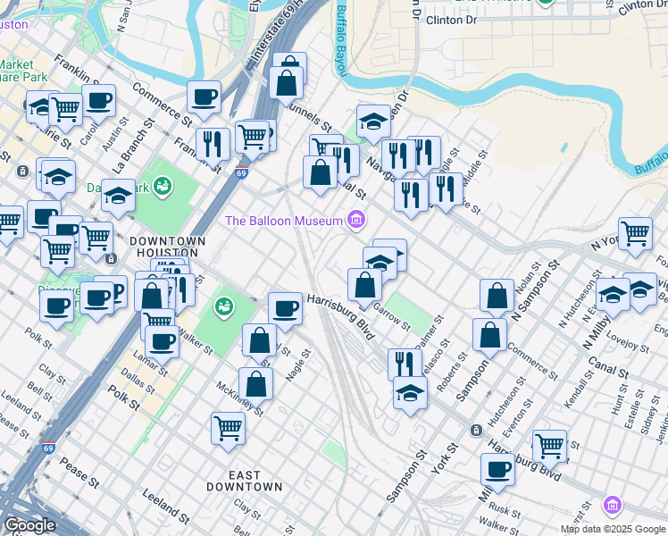 map of restaurants, bars, coffee shops, grocery stores, and more near 309 Saint Charles Street in Houston