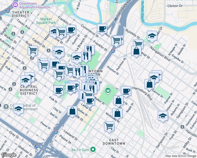 map of restaurants, bars, coffee shops, grocery stores, and more near 610 Saint Emanuel Street in Houston