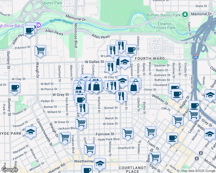 map of restaurants, bars, coffee shops, grocery stores, and more near 515 West Pierce Street in Houston