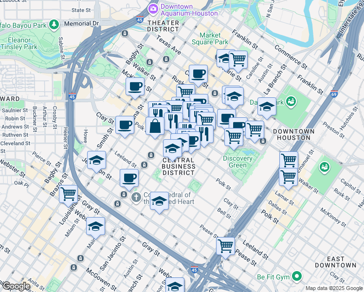 map of restaurants, bars, coffee shops, grocery stores, and more near in Houston