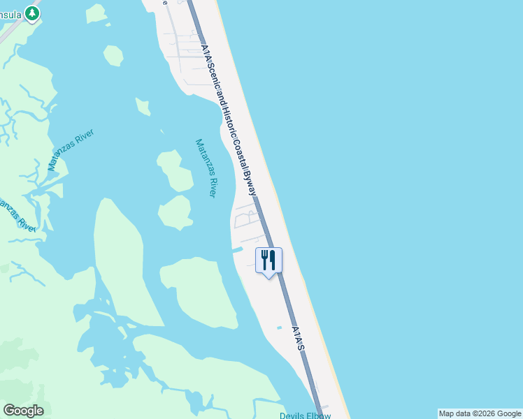 map of restaurants, bars, coffee shops, grocery stores, and more near 7480 A1A South in Saint Augustine