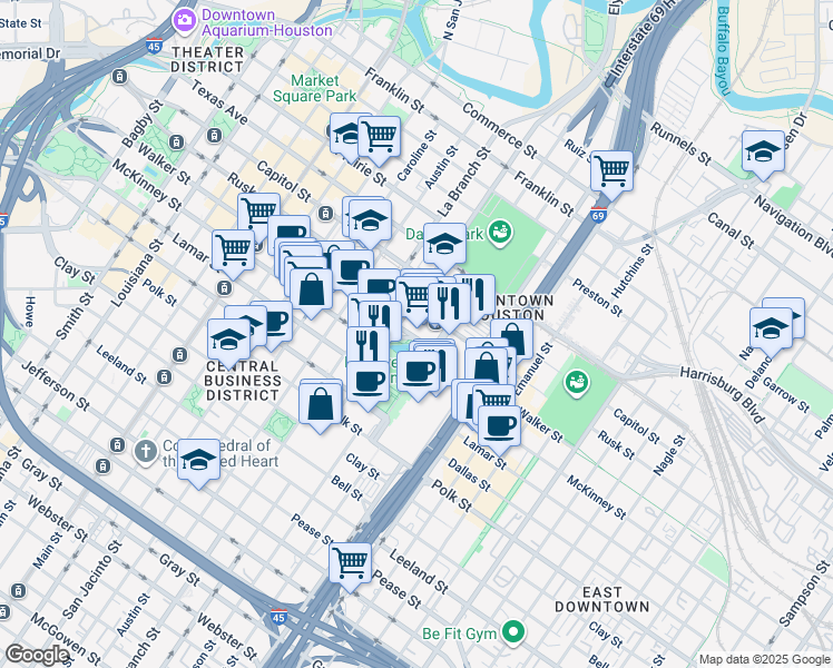 map of restaurants, bars, coffee shops, grocery stores, and more near 1777 Walker Street in Houston