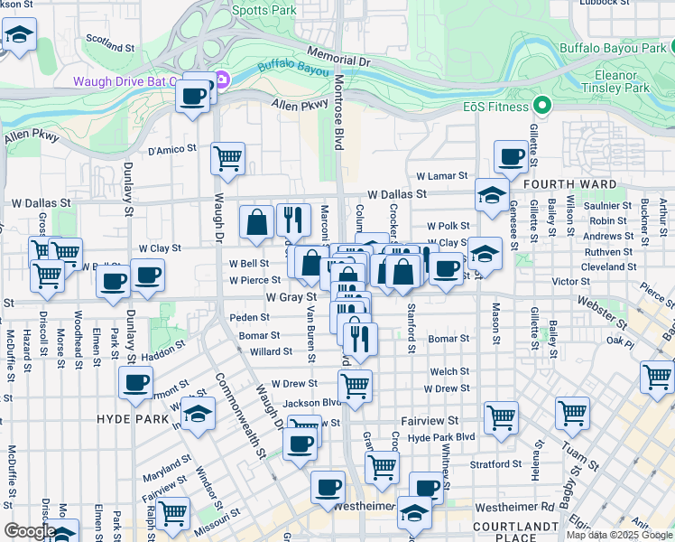 map of restaurants, bars, coffee shops, grocery stores, and more near 1320 Montrose Boulevard in Houston