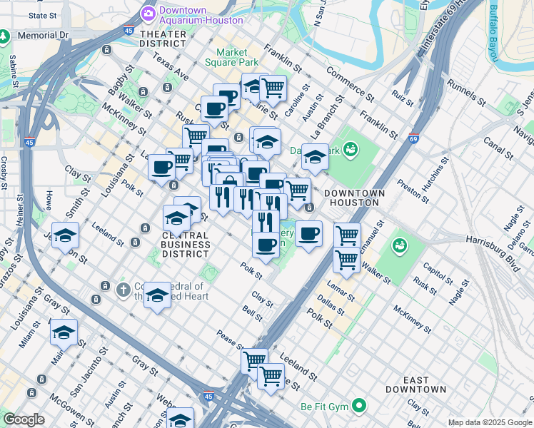 map of restaurants, bars, coffee shops, grocery stores, and more near 1501 McKinney Street in Houston