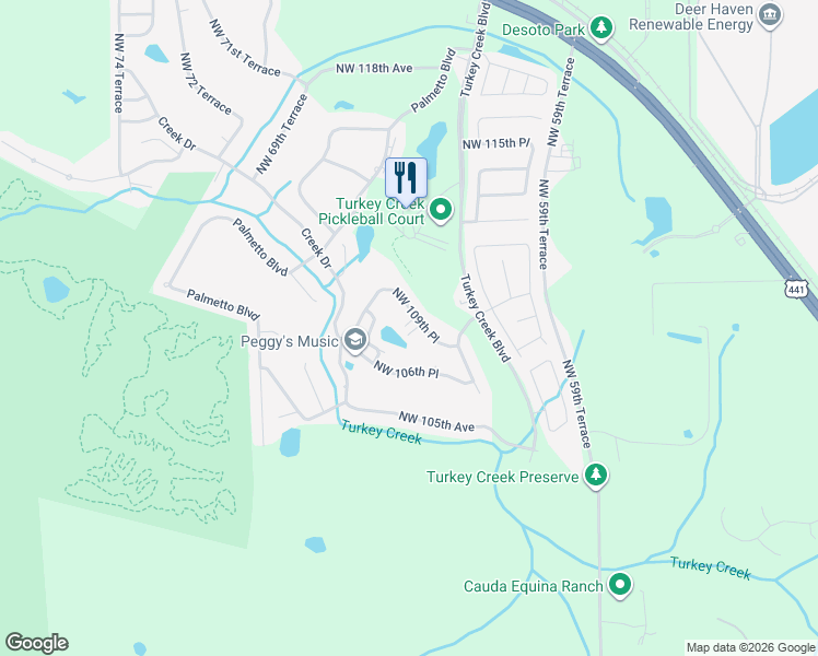 map of restaurants, bars, coffee shops, grocery stores, and more near 6369 Northwest 109th Place in Alachua