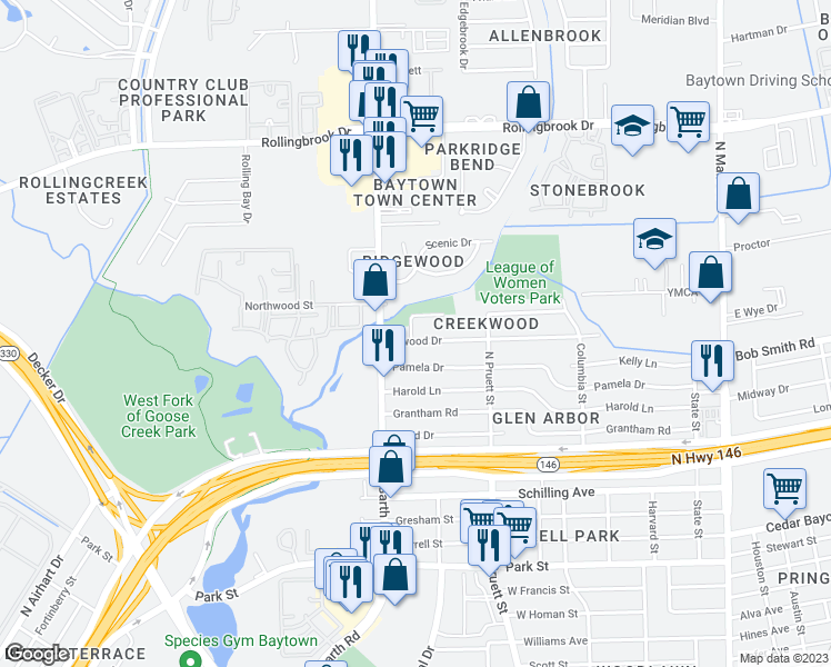 map of restaurants, bars, coffee shops, grocery stores, and more near 704 Inwood Drive in Baytown