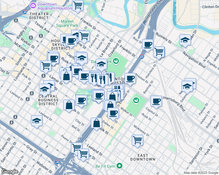 map of restaurants, bars, coffee shops, grocery stores, and more near 701 Avenida De Las Americas in Houston