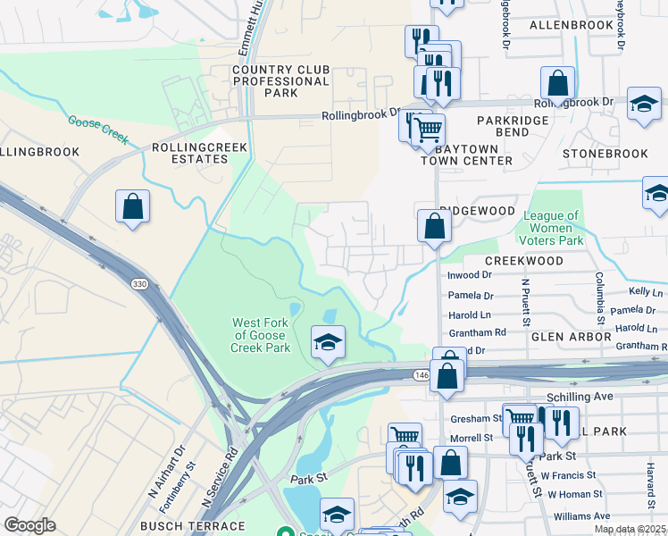 map of restaurants, bars, coffee shops, grocery stores, and more near 925 Northwood Street in Baytown