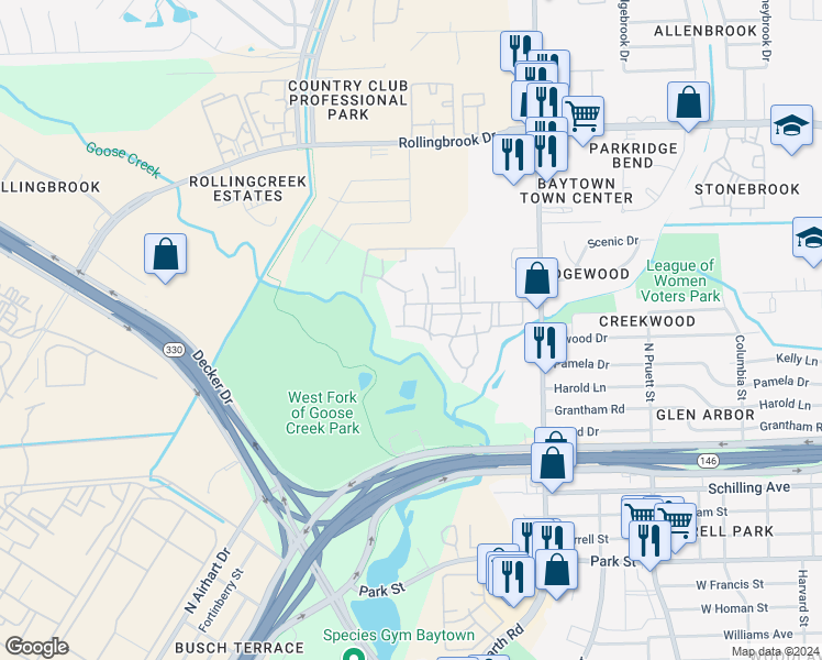 map of restaurants, bars, coffee shops, grocery stores, and more near 925 Northwood Street in Baytown