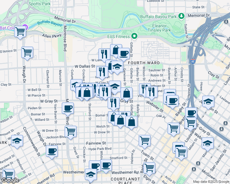 map of restaurants, bars, coffee shops, grocery stores, and more near in Houston