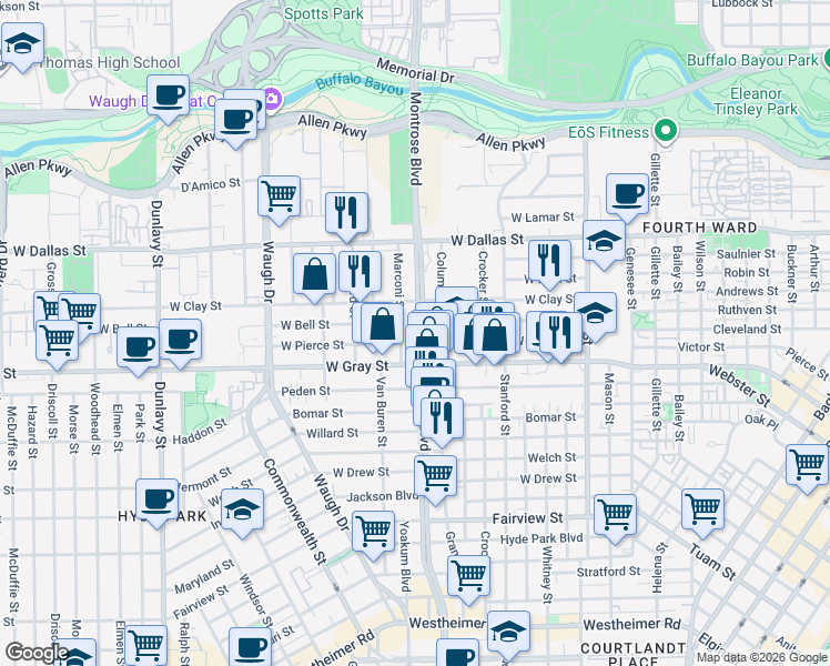 map of restaurants, bars, coffee shops, grocery stores, and more near 1424 Montrose Boulevard in Houston