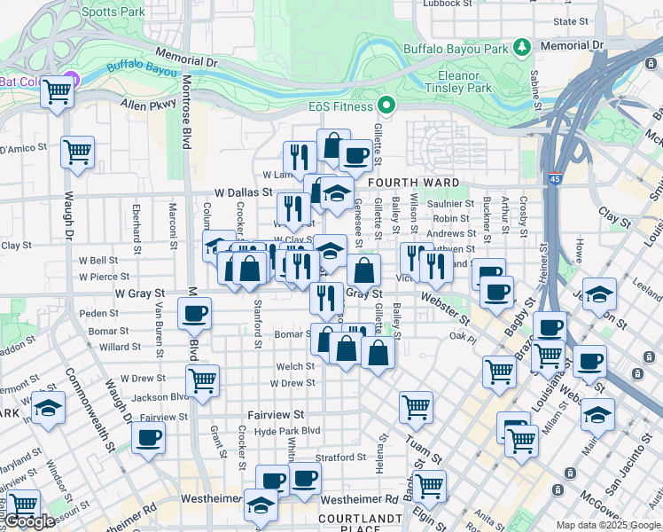 map of restaurants, bars, coffee shops, grocery stores, and more near 1501 Taft Street in Houston
