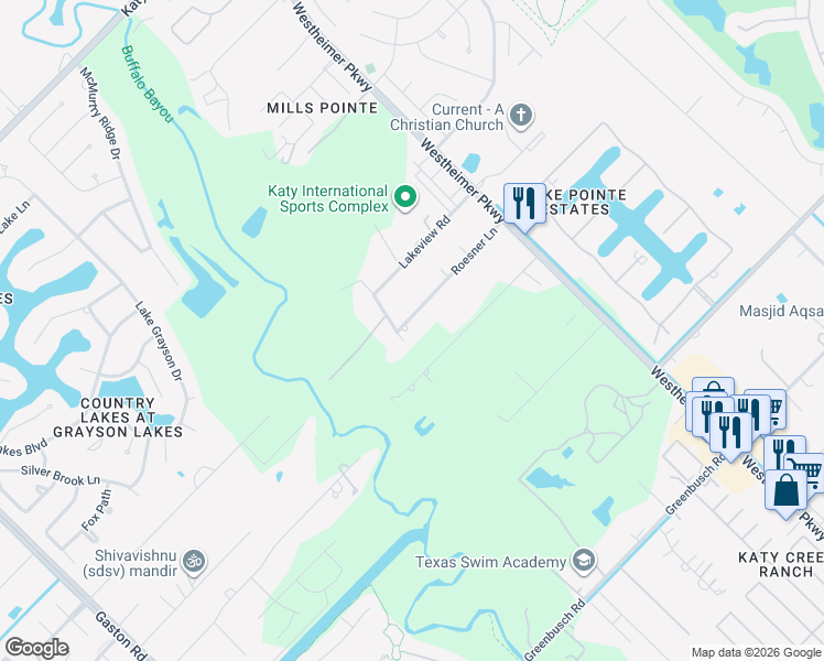 map of restaurants, bars, coffee shops, grocery stores, and more near 25231 Roesner Lane in Katy
