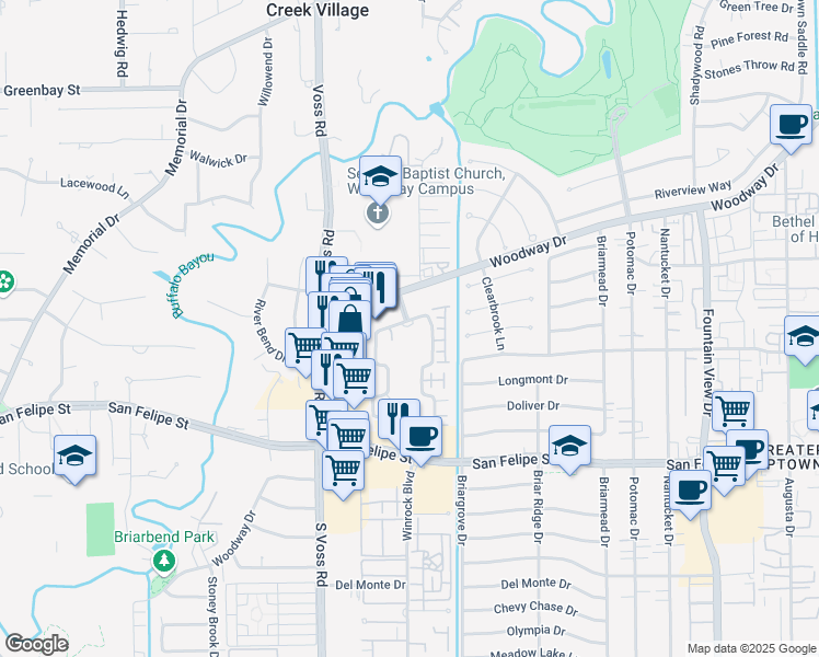 map of restaurants, bars, coffee shops, grocery stores, and more near 1200 Winrock Boulevard in Houston