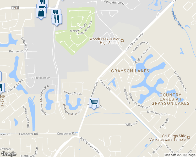 map of restaurants, bars, coffee shops, grocery stores, and more near 2312 Katy Flewellen Road in Katy