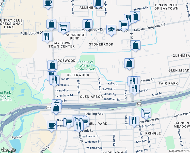 map of restaurants, bars, coffee shops, grocery stores, and more near 401 Inwood Drive in Baytown