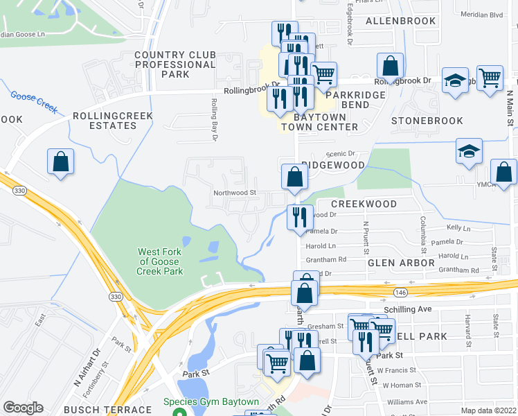 map of restaurants, bars, coffee shops, grocery stores, and more near 811 Northwood Street in Baytown