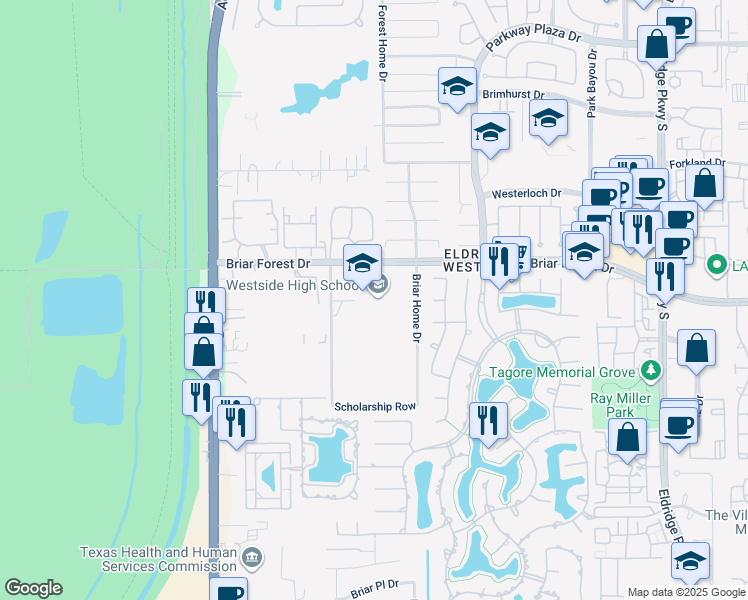 map of restaurants, bars, coffee shops, grocery stores, and more near 14201 Briar Forest Drive in Houston