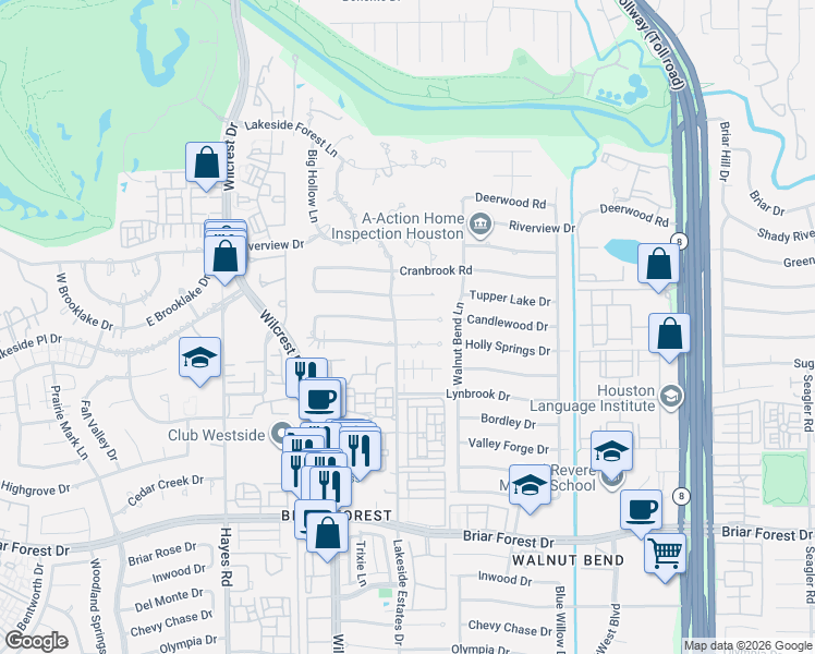 map of restaurants, bars, coffee shops, grocery stores, and more near 10830 Holly Springs Drive in Houston