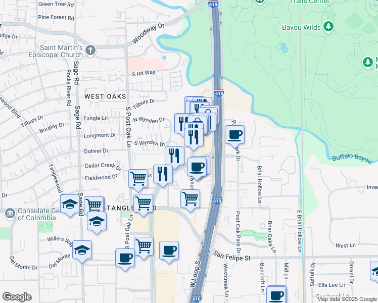 map of restaurants, bars, coffee shops, grocery stores, and more near 1180 Uptown Park Boulevard in Houston
