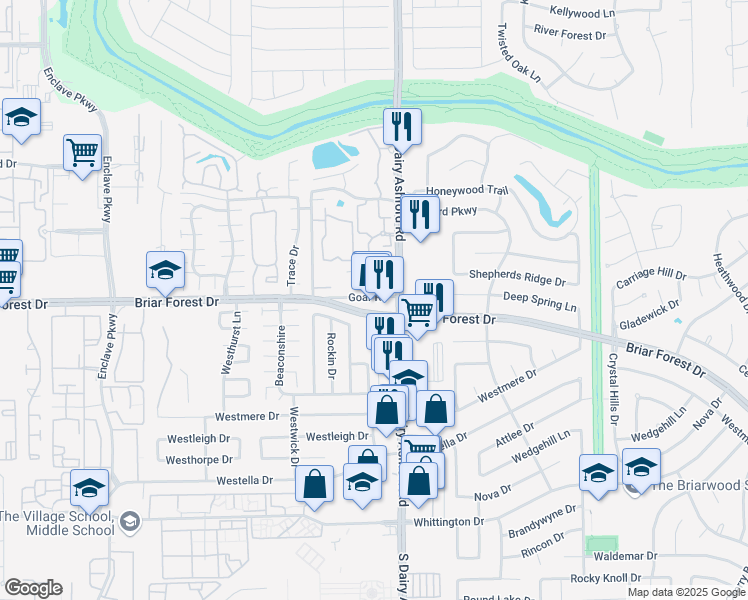 map of restaurants, bars, coffee shops, grocery stores, and more near 12616 Briar Forest Drive in Houston