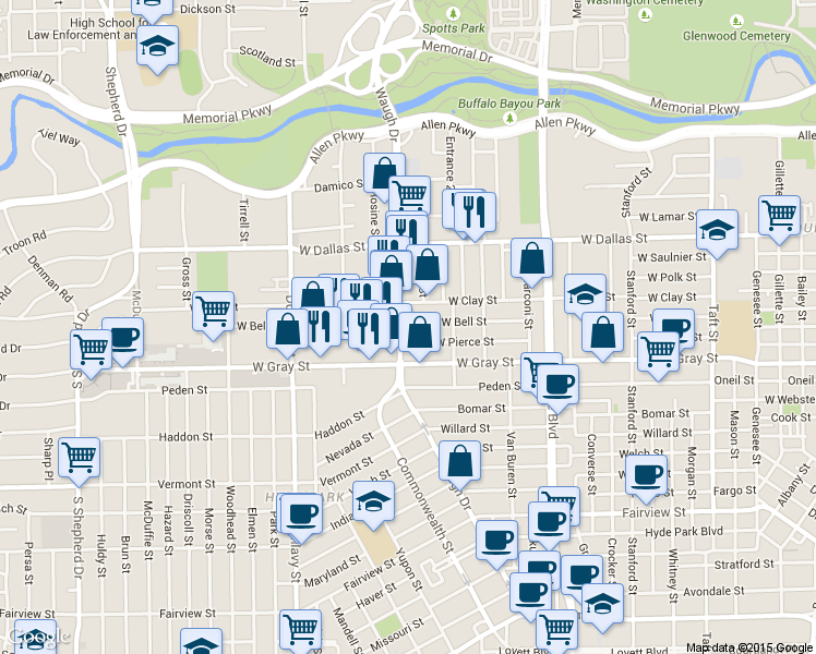 map of restaurants, bars, coffee shops, grocery stores, and more near 1326 West Pierce Street in Houston