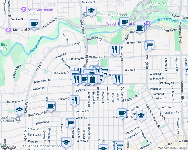 map of restaurants, bars, coffee shops, grocery stores, and more near in Houston