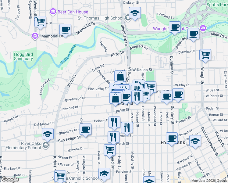 map of restaurants, bars, coffee shops, grocery stores, and more near 2050 West Gray Street in Houston