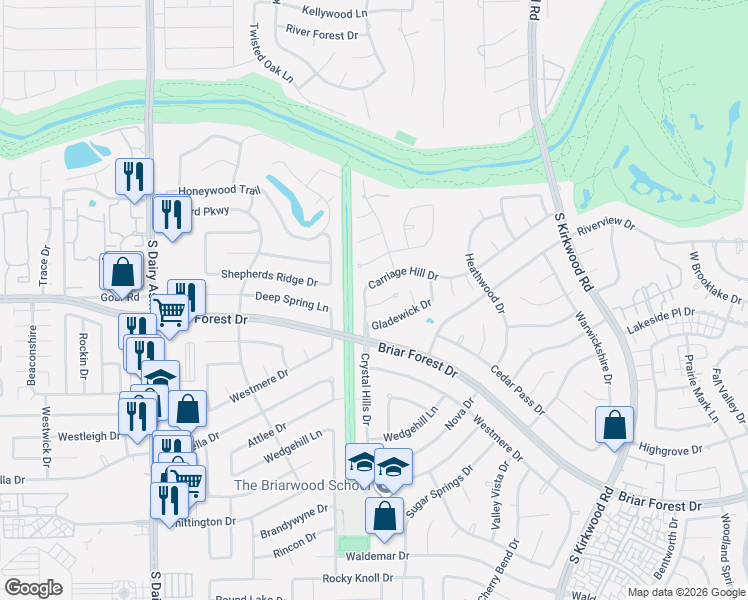 map of restaurants, bars, coffee shops, grocery stores, and more near 12231 Ravenmoor Drive in Houston