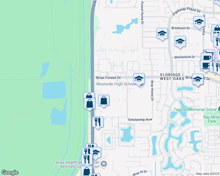 map of restaurants, bars, coffee shops, grocery stores, and more near 14695 Briar Forest Drive in Houston