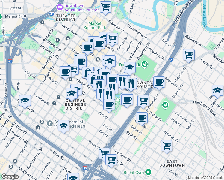 map of restaurants, bars, coffee shops, grocery stores, and more near 1501 McKinney Street in Houston
