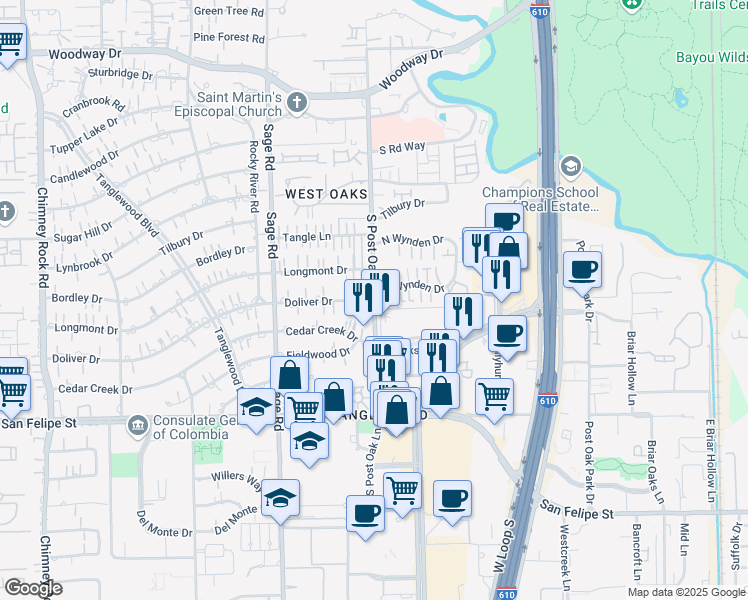 map of restaurants, bars, coffee shops, grocery stores, and more near 1400 South Post Oak Lane in Houston