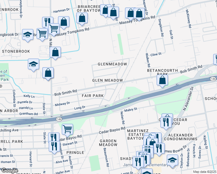 map of restaurants, bars, coffee shops, grocery stores, and more near 2809 Kettering Drive in Baytown