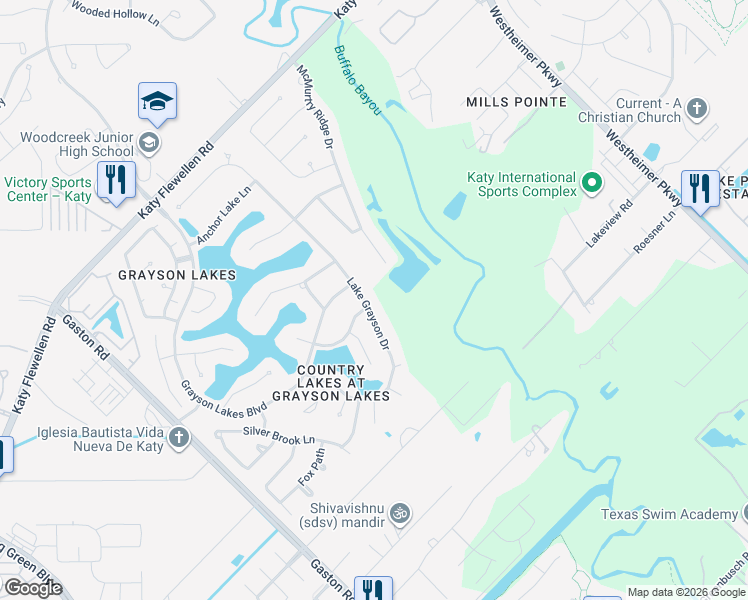 map of restaurants, bars, coffee shops, grocery stores, and more near 1907 Lakeside Crossing in Katy