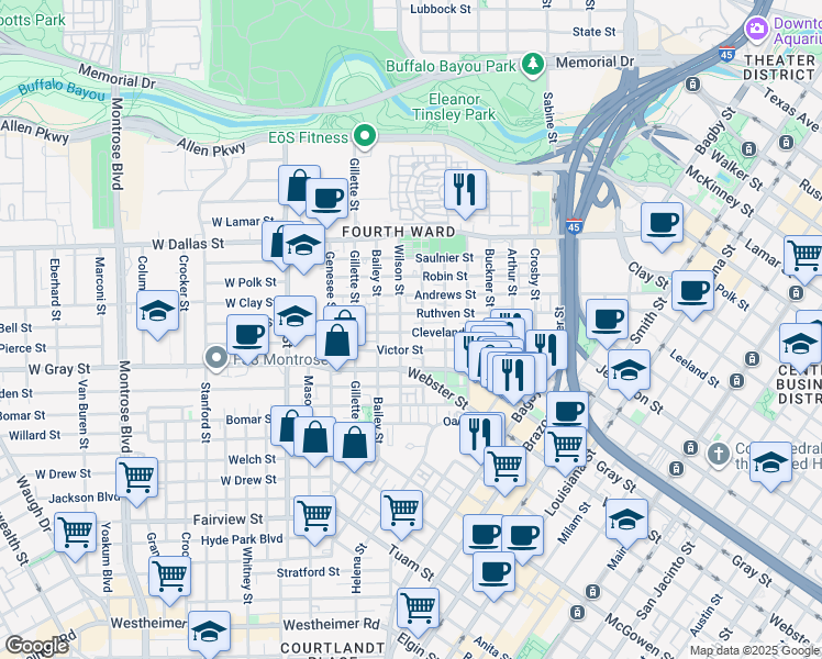 map of restaurants, bars, coffee shops, grocery stores, and more near 1300 Victor Street in Houston