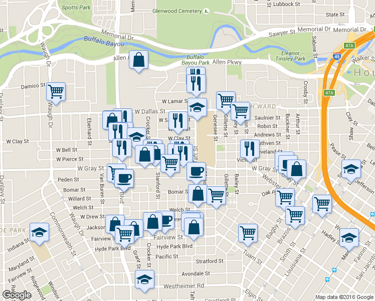 map of restaurants, bars, coffee shops, grocery stores, and more near 317 West Pierce Street in Houston