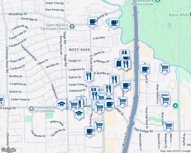 map of restaurants, bars, coffee shops, grocery stores, and more near in Houston