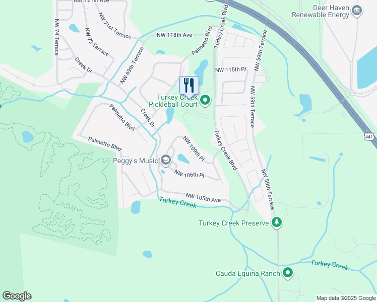 map of restaurants, bars, coffee shops, grocery stores, and more near 6369 Northwest 109th Place in Alachua