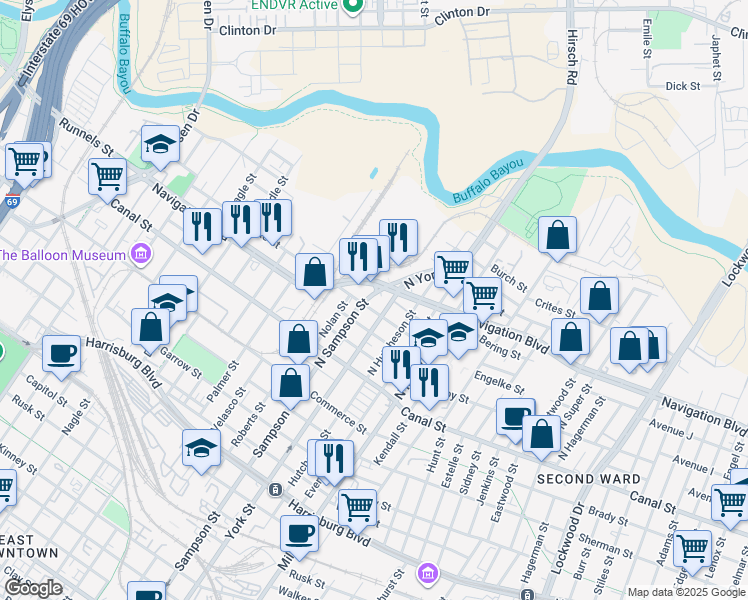 map of restaurants, bars, coffee shops, grocery stores, and more near 300 North York Street in Houston